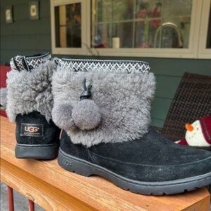 UGG Black and Gray Pom-Pom Boots